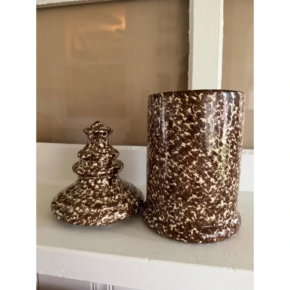 Vintage Brown Spatterware Ceramic Canister with Tiered Finial Lid Farmhouse